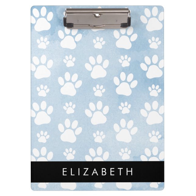 Dog Paws, White Paws, Blue Watercolors, Your Name Clipboard (Front)