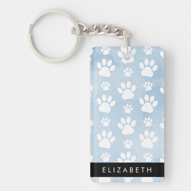 Dog Paws, White Paws, Blue Watercolors, Your Name Keychain (Front)