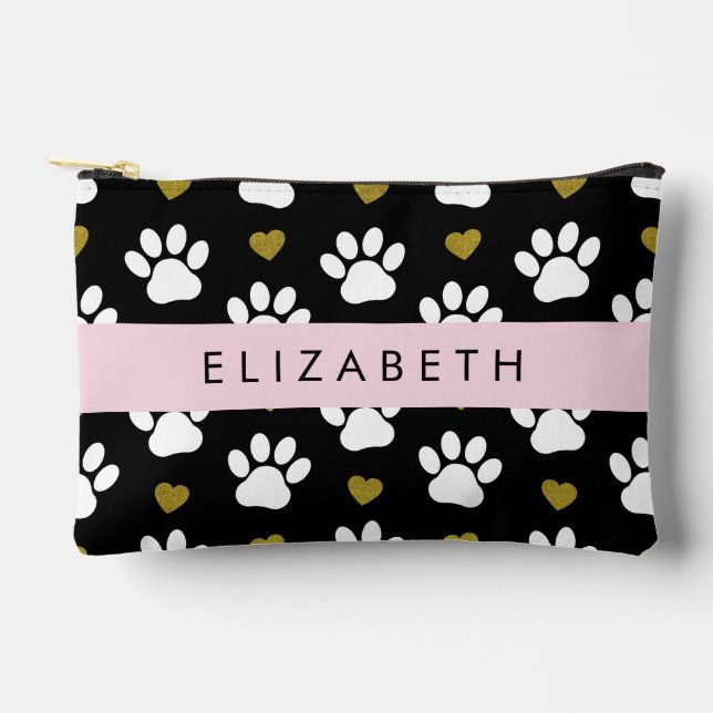 Dog Paws, White Paws, Gold Hearts, Your Name Accessory Pouch (Front)