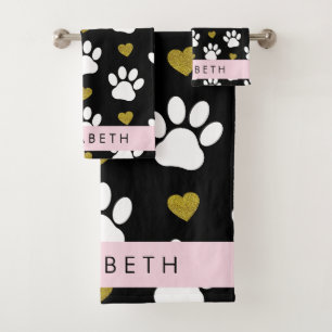 Dog Paws, White Paws, Gold Hearts, Your Name Bath Towel Set