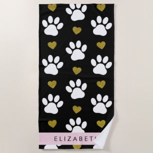 Dog Paws, White Paws, Gold Hearts, Your Name Beach Towel
