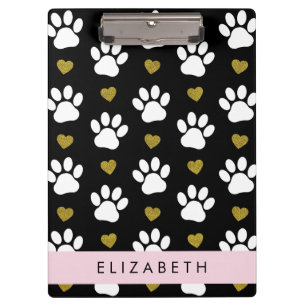 Dog Paws, White Paws, Gold Hearts, Your Name Clipboard