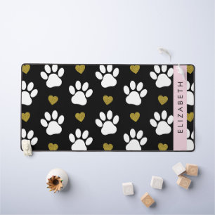 Dog Paws, White Paws, Gold Hearts, Your Name Desk Mat