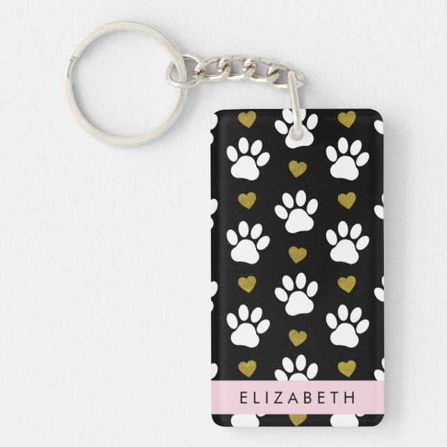 Dog Paws, White Paws, Gold Hearts, Your Name Keychain (Front)