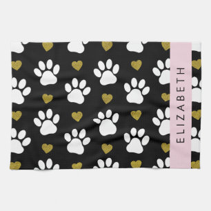 Dog Paws, White Paws, Gold Hearts, Your Name Kitchen Towel