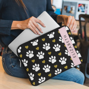 Dog Paws, White Paws, Gold Hearts, Your Name Laptop Sleeve
