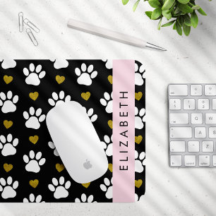 Dog Paws, White Paws, Gold Hearts, Your Name Mouse Pad