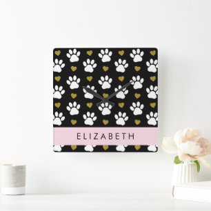 Dog Paws, White Paws, Gold Hearts, Your Name Square Wall Clock