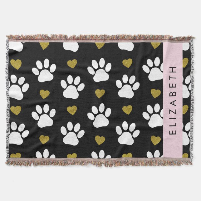 Dog Paws, White Paws, Gold Hearts, Your Name Throw Blanket (Front)