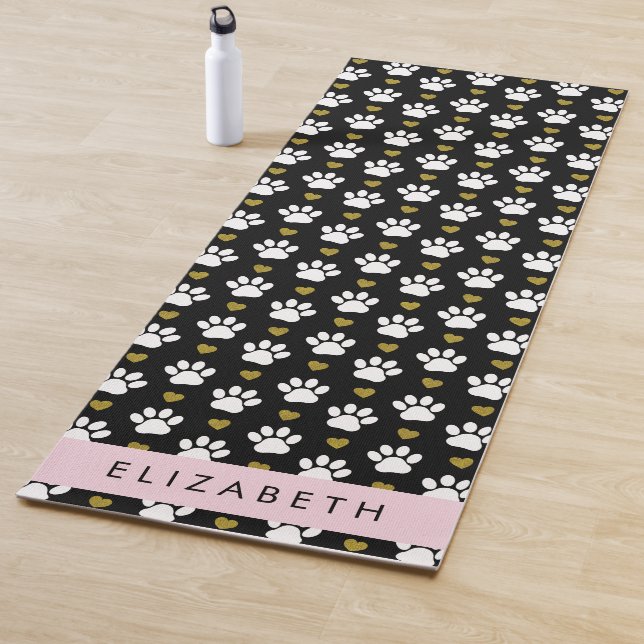 Dog Paws, White Paws, Gold Hearts, Your Name Yoga Mat (In Situ)
