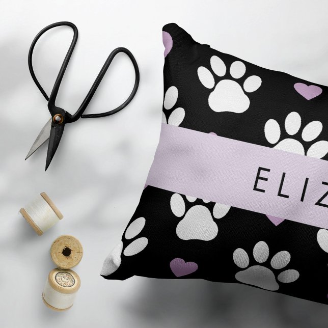 Dog Paws, White Paws, Lilac Hearts, Your Name Accent Pillow (Creator Uploaded)
