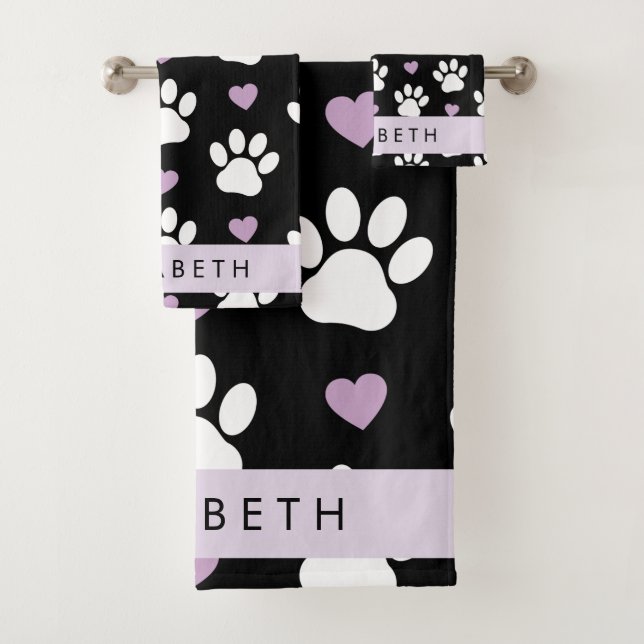 Dog Paws, White Paws, Lilac Hearts, Your Name Bath Towel Set (Insitu)