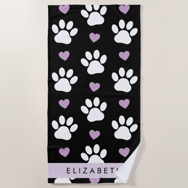 Dog Paws, White Paws, Lilac Hearts, Your Name Beach Towel (Front)