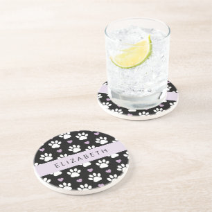 Dog Paws, White Paws, Lilac Hearts, Your Name Coaster