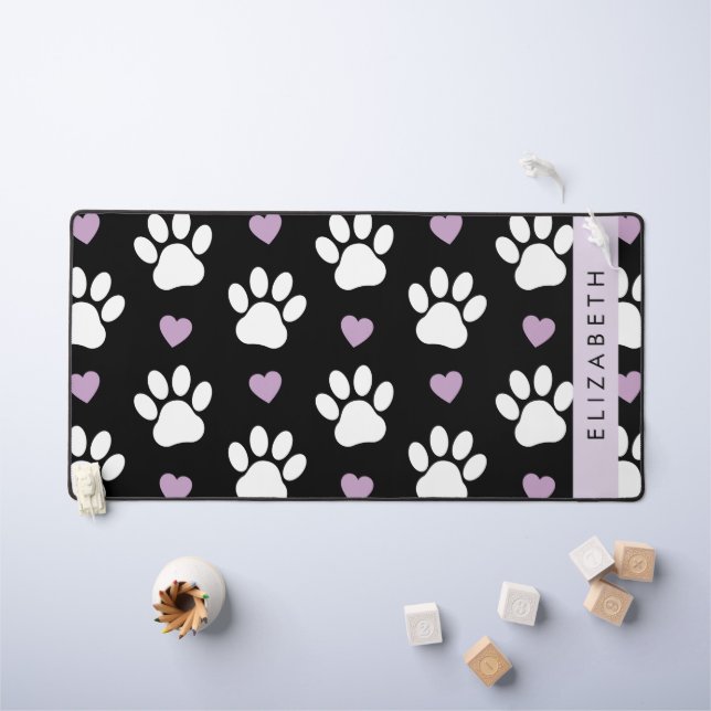 Dog Paws, White Paws, Lilac Hearts, Your Name Desk Mat (Kids Table)