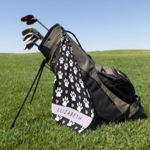Dog Paws, White Paws, Lilac Hearts, Your Name Golf Towel