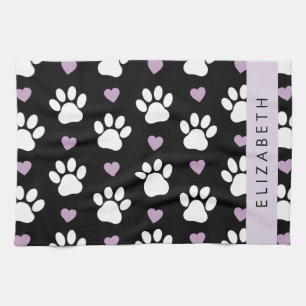 Dog Paws, White Paws, Lilac Hearts, Your Name Kitchen Towel