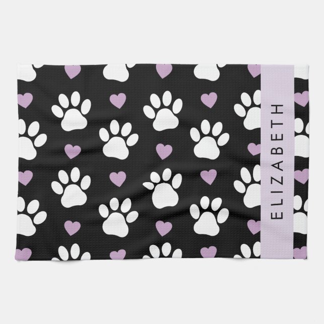 Dog Paws, White Paws, Lilac Hearts, Your Name Kitchen Towel (Horizontal)