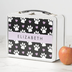 Dog Paws, White Paws, Lilac Hearts, Your Name Metal Lunch Box