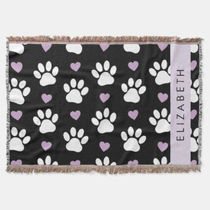 Dog Paws, White Paws, Lilac Hearts, Your Name Throw Blanket