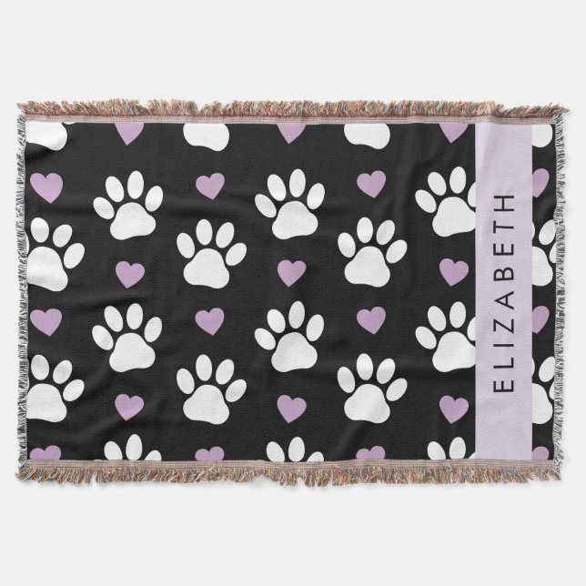 Dog Paws, White Paws, Lilac Hearts, Your Name Throw Blanket (Front)