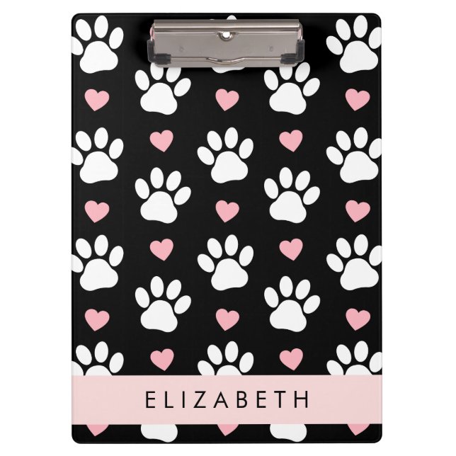 Dog Paws, White Paws, Pink Hearts, Your Name Clipboard (Front)