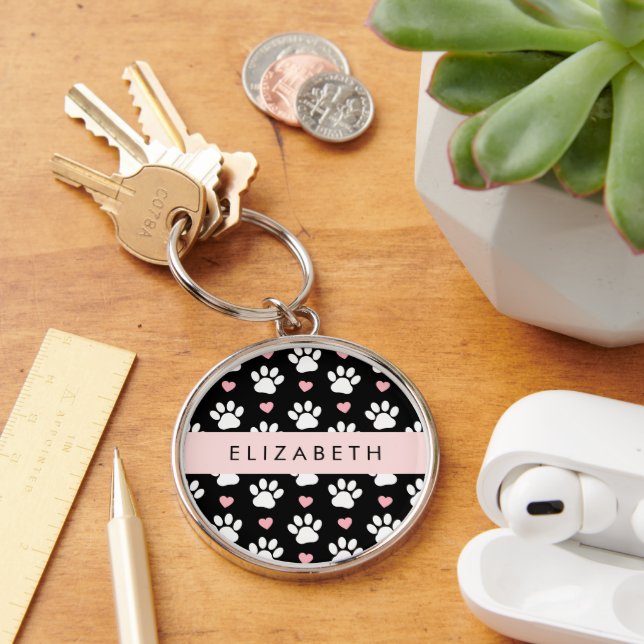 Dog Paws, White Paws, Pink Hearts, Your Name Keychain (Desk)