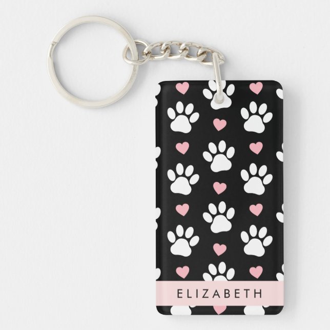 Dog Paws, White Paws, Pink Hearts, Your Name Keychain (Front)