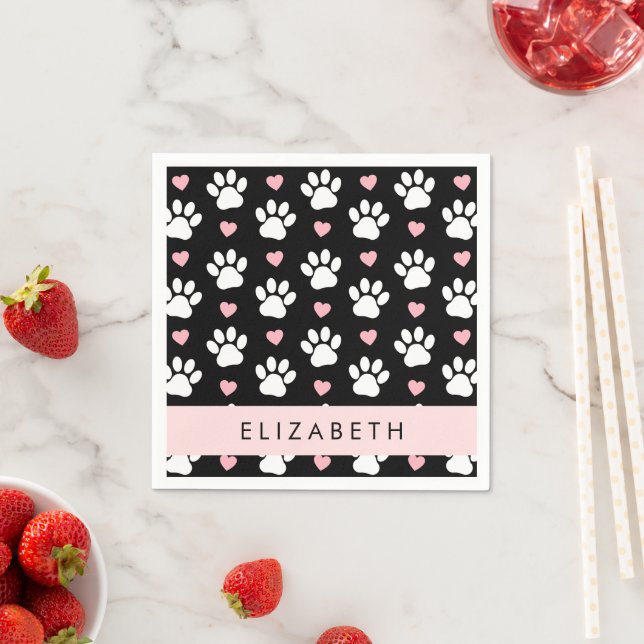 Dog Paws, White Paws, Pink Hearts, Your Name Napkin (Insitu)