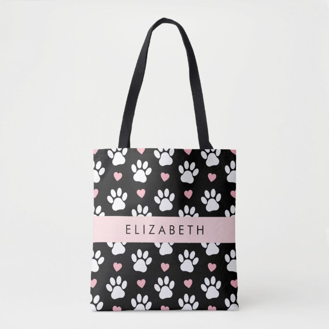 Dog Paws, White Paws, Pink Hearts, Your Name Tote Bag (Front)