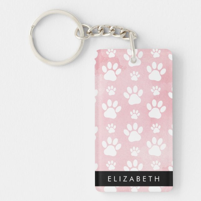 Dog Paws, White Paws, Pink Watercolors, Your Name Keychain (Front)