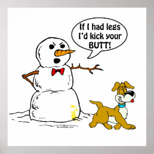 Dog Pees on Snowman Cartoon Poster