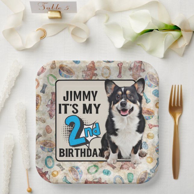 Dog Personalized 2nd birthday party  Paper Plates (Wedding)