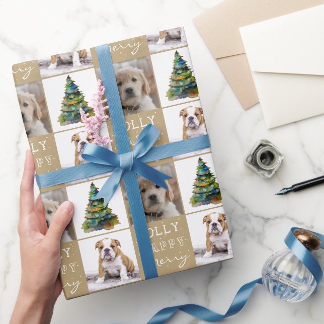 Dog Pet 2 Photos Christmas Tree Watercolor Wrapping Paper (Gifting)