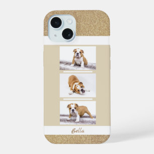 Dog Pet 3 Photo Collage Gold Glitter iPhone 15 Case