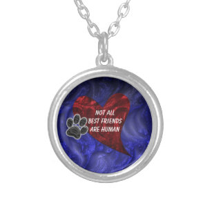 Dog Pet Best Friend Red Heart Puppy Paw Print Silver Plated Necklace