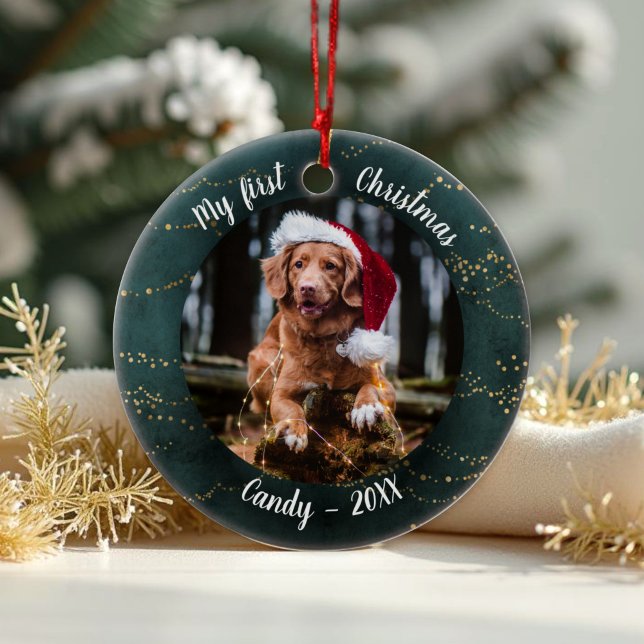 Dog Pet First Christmas Photo Rusti Fairy Trees Ceramic Ornament (Creator Uploaded)