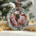 Dog Pet First Christmas Photo Winter Wreath Ceramic Ornament<br><div class="desc">Capture your pet dog's first Christmas with personalized photos. Add your favourite pictures,  their name,  and the year for a unique keepsake that celebrates your new arrival! Designed by CaMiDesigns.</div>