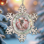 Dog Pet First Christmas Photo Winter Wreath Snowflake Pewter Christmas Ornament<br><div class="desc">Celebrate your furry friend's first Christmas with the charming Dog Pet First Christmas Photo Winter Wreath Snowflake Pewter Christmas Ornament. This beautifully crafted ornament features a delightful winter wreath design adorned with snowflakes, making it a perfect keepsake for pet lovers. Designed by CaMiDesigns, it offers a unique way to commemorate...</div>