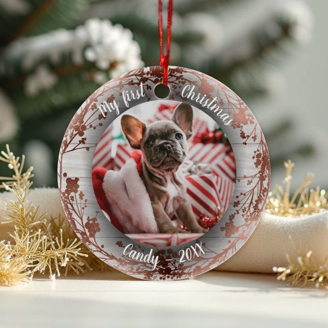 Dog Pet First Christmas Photo Wreaths Rose Foils  Ceramic Ornament (Creator Uploaded)