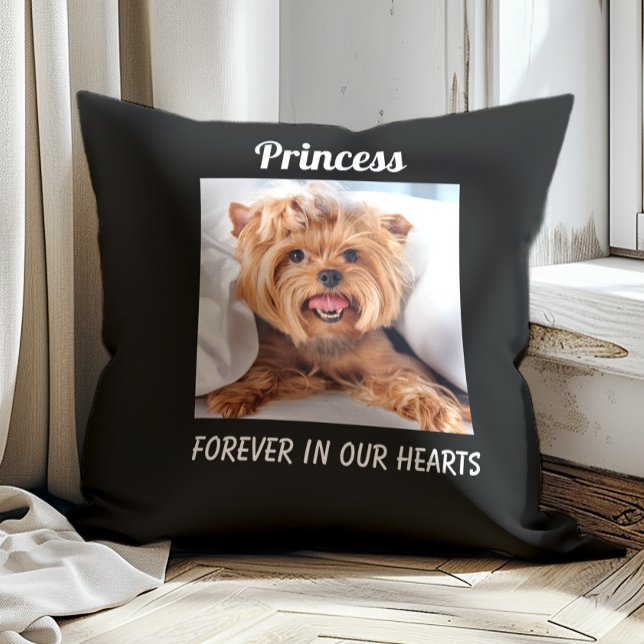 Dog Pet Memorial Remembrance Forever Hearts Black Throw Pillow (Pet memorial photo pillow)