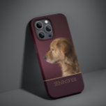 Dog Pet Photo Golden Retriever Personalized Name Case-Mate iPhone 14 Pro Max Case<br><div class="desc">Dog Pet Photo Golden Retriever Personalized Name iPhone 14 Pro Max Smart Phone Cases features features your favourite pet or dog photo with your personalized name in golden script typography on a deep burgundy red background. Perfect gift for Christmas, birthday, holidays, Mother's Day, Father's Day, dog and pet lovers. Designed...</div>