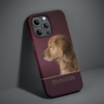 Dog Pet Photo Golden Retriever Personalized Name Case-Mate iPhone 14 Plus Case<br><div class="desc">Dog Pet Photo Golden Retriever Personalized Name iPhone 14 Plus Smart Phone Cases features features your favourite pet or dog photo with your personalized name in golden script typography on a deep burgundy red background. Perfect gift for Christmas, birthday, holidays, Mother's Day, Father's Day, dog and pet lovers. Designed by...</div>
