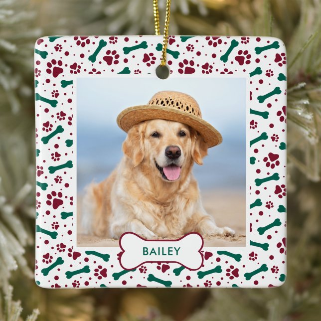 Dog Pet Photo Paw Prints Personalized Christmas  Ceramic Ornament (Creator Uploaded)