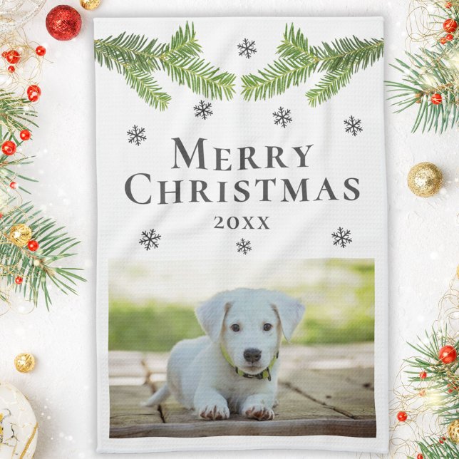 Dog Pet Photo Pine Snowflakes Merry Christmas Kitchen Towel (Creator Uploaded)