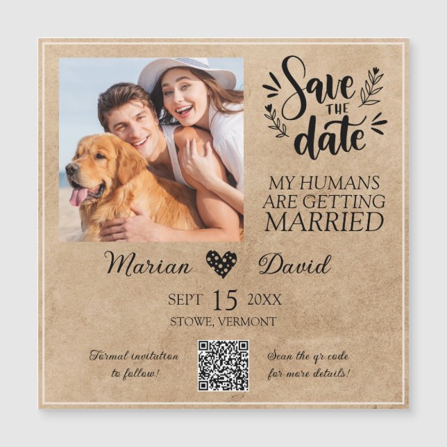 Dog Pet Photo Rustic Save the Date Qr code Wedding (Front)