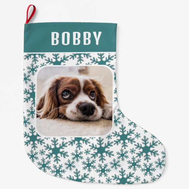 Dog Pet Photo Snowflake Snow Pattern  Large Christmas Stocking (Front)
