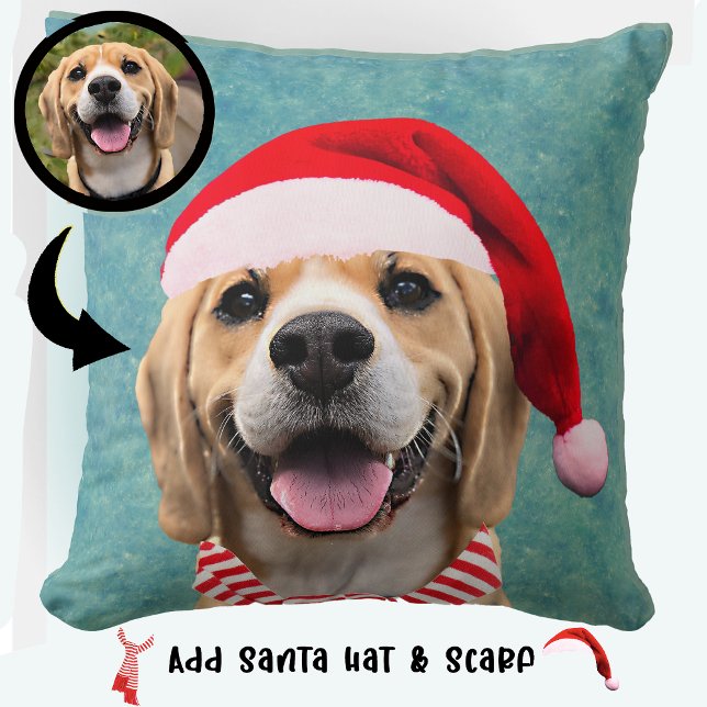 Dog Pet Photo with Digital Santa Hat  Scarf Gift Throw Pillow (Creator Uploaded)