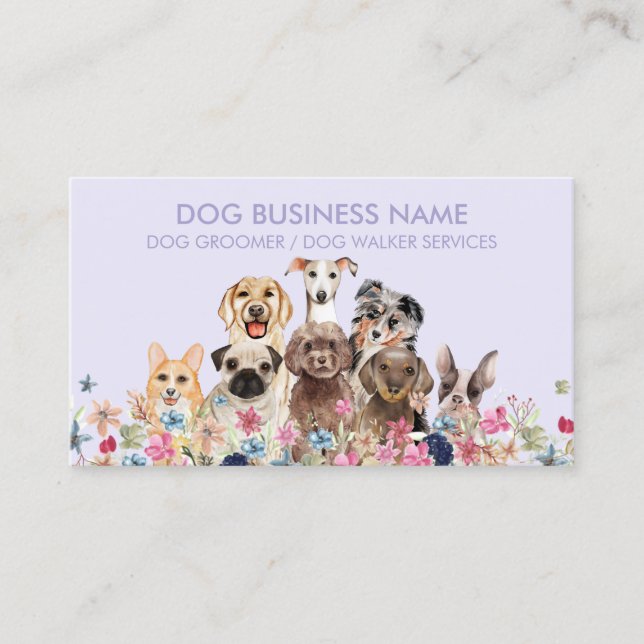 Dog Pet Sitting Floral Purple Business Card (Front)