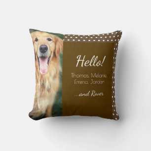 Dog Photo and Family Name Polka Dot Brown Throw Pillow